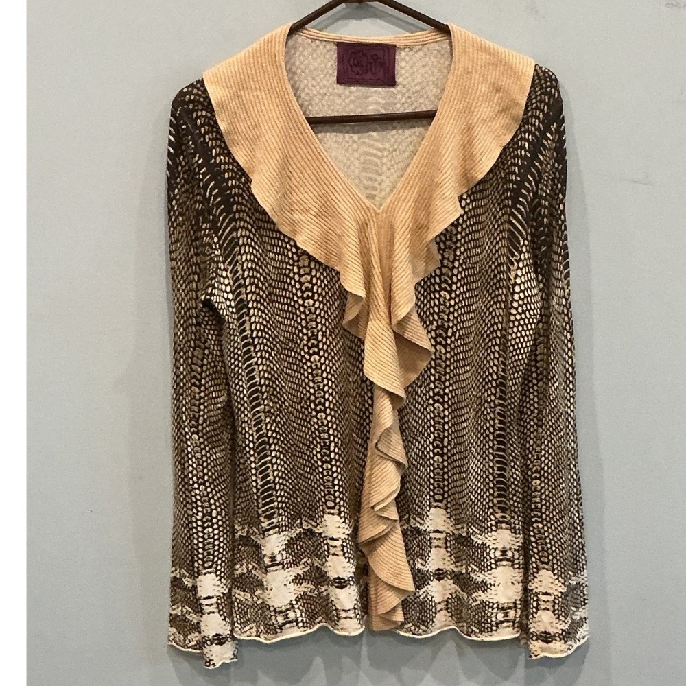 Chi by Falchi Womens Silk Cashmere Ruffle Neck Cardigan Sweater M Snakeskin Boho
